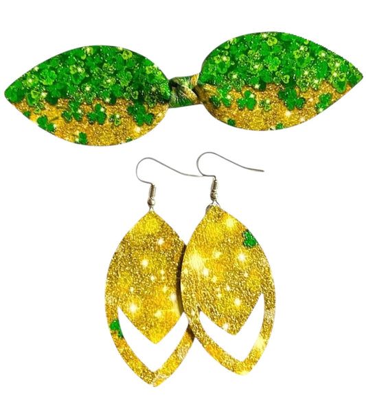 St. Patrick’s Day Clovers Top Knot Clip, 3” Snap Clip, & Earrings Set