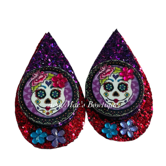 Sugar Skull Day of Dead Halloween Stacked Tear Drop Dangle Earrings