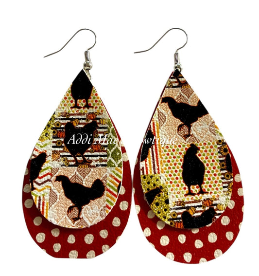 Fall Chickens Stacked Tear Drop Dangle Earrings