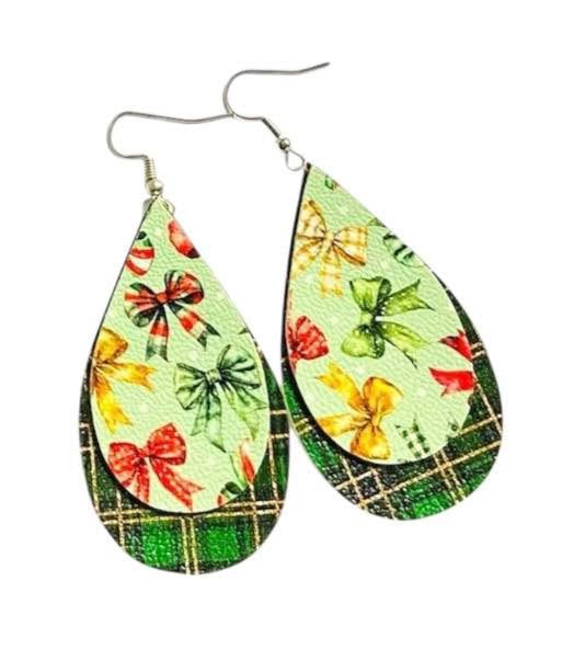 Green Christmas Ribbons Stacked Tear Drop Earrings