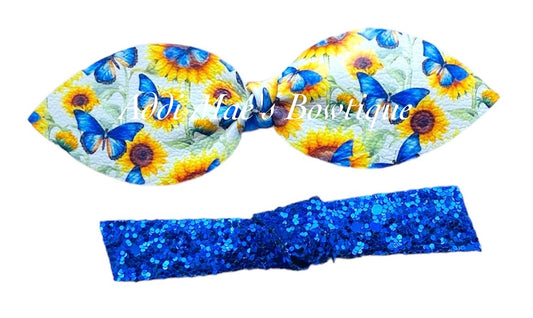 Blue Butterflies and Sunflowers Top Knot Clip, Knotted Clip Set