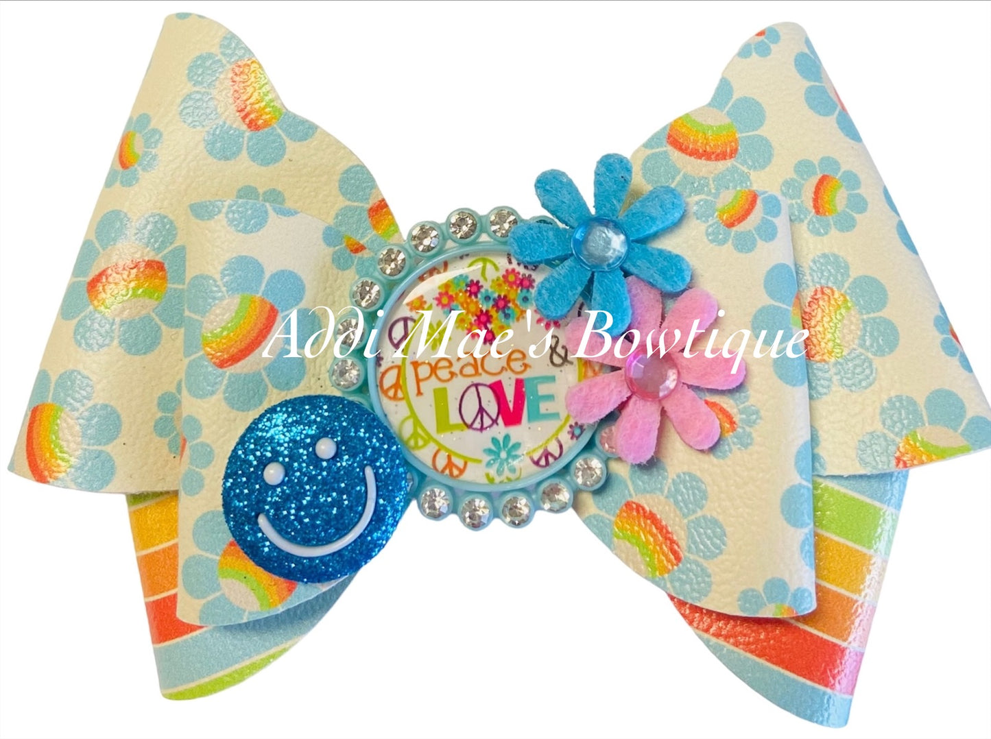 Blue Rainbow Flowers Bow